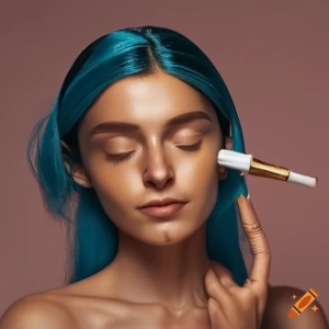 young woman using brush to put make up on her face